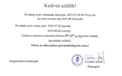 Óvoda nyári ügyelete